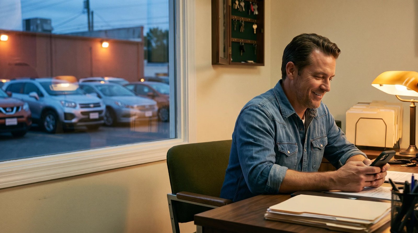 A smiling rental office owner reading a message on his phone at his desk in the evening, with a key cabinet on the wall and rental cars parked outside the window