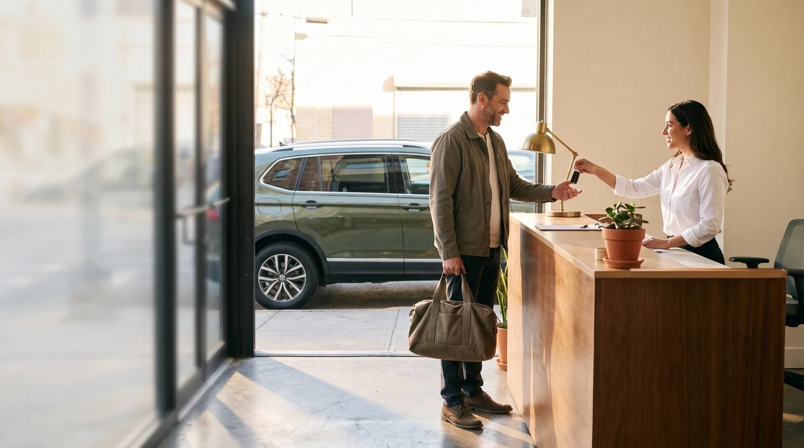 A smiling customer taking the keys from an agent at a wooden rental counter, with a green SUV parked outside the open door